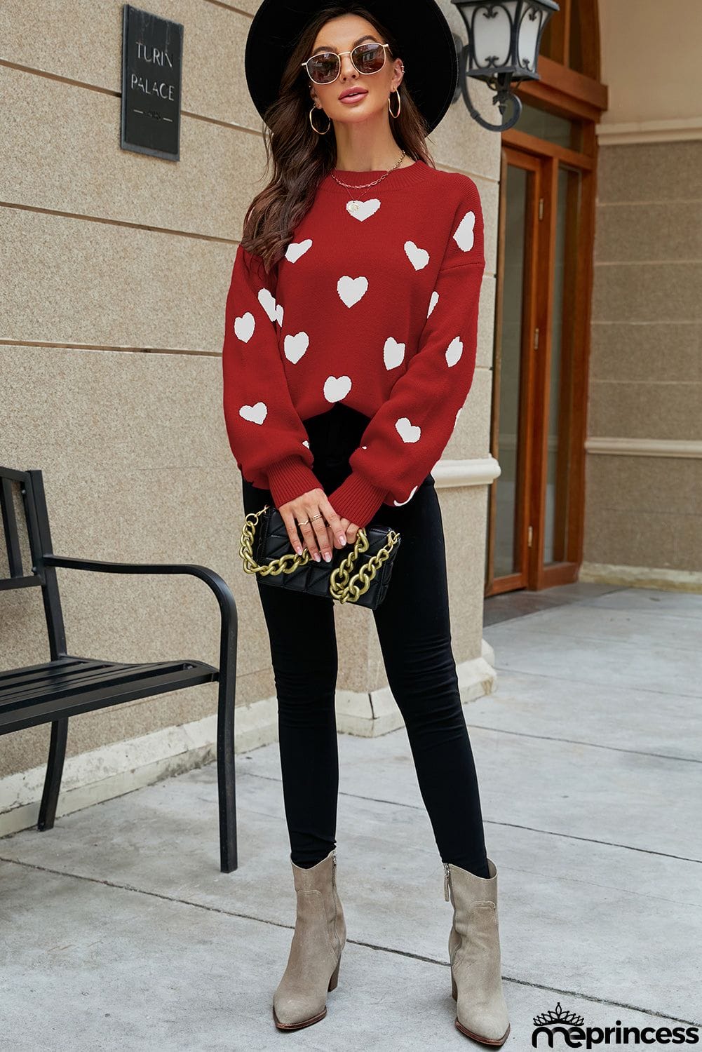 Heart Pattern Ribbed Trim Knit Sweater
