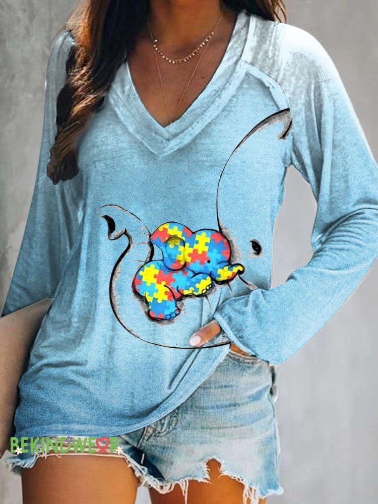 Autism Elephant Little Elephant Printed V-Neck Long Sleeve Top Multicolor / S