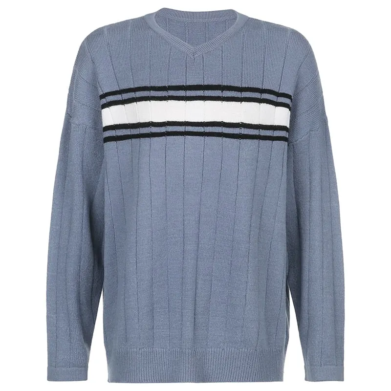 HEYounGIRL Striped V Neck Oversized Sweater Women Casual Loose Knitted Jumper Ladies Preppy Style Vintage Korean Knitwear Autumn