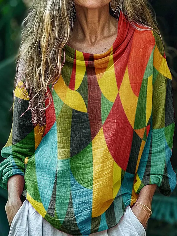 Womens Artistic Floral Cotton And linen Swing Collar Long-sleeved Top
