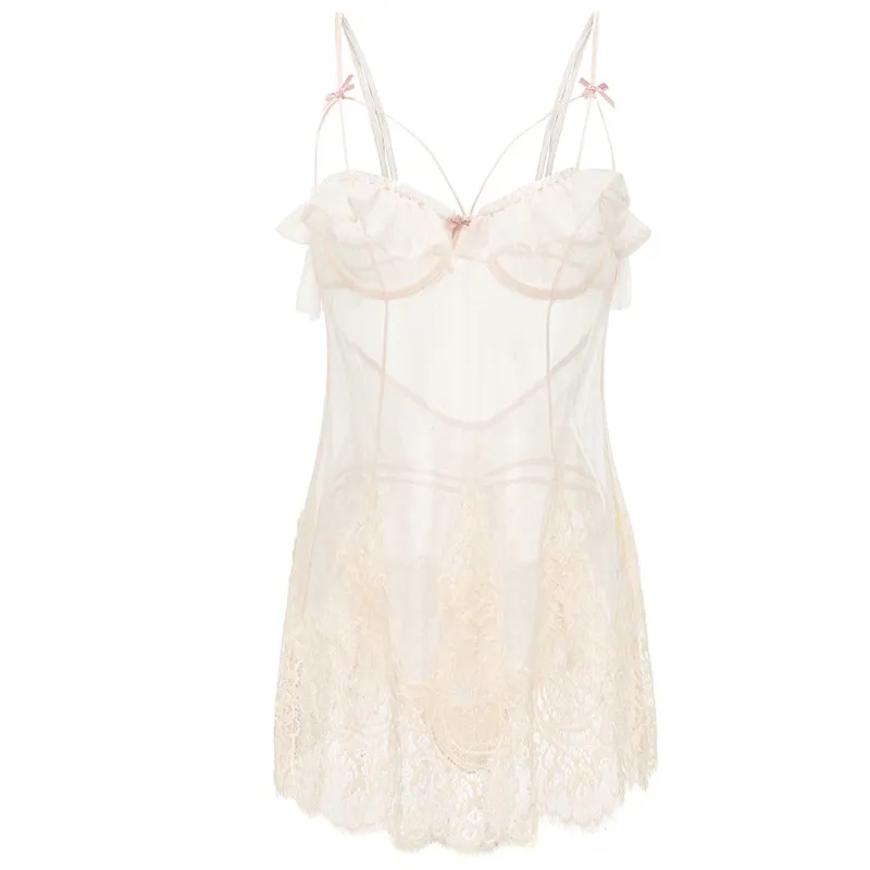 French Sexy Pyjamas Summer Lace Ruffles Small Chest Perspective Sling Sleeping Dress 2PCS Pajama Set for Women Dropshipping