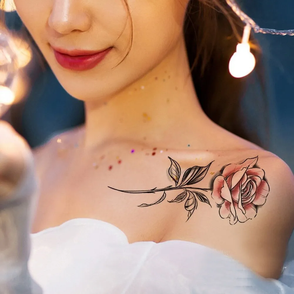 Sdrawing Temporary Tattoo Sticker Flash Tattoos Skull Snake Wolf Blue Pink Rose Flowers Body Art Arm Fake Sleeve Tatoo Women