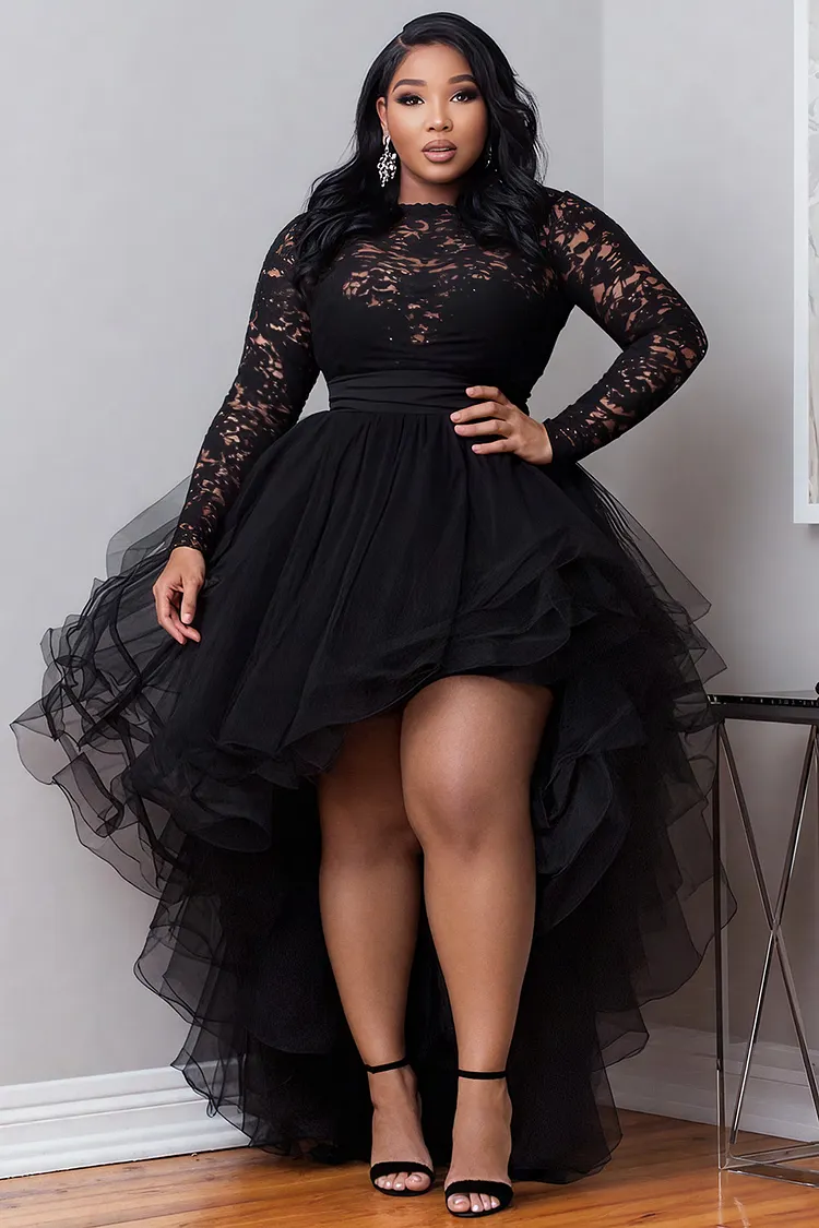 Xpluswear Design Plus Size Cocktail Party Black Round Neck Long Sleeve High Low Hem Elegant Ruffle Tulle Lace Mini Dresses 2024 - Xpluswear
