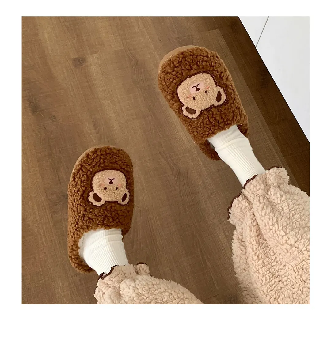 2022 Winter Women Slipper Lovely Bear Cartoon Plush Cotton Home Slippers Female Indoor Household Anti-Skid Thick Bottom Slipper