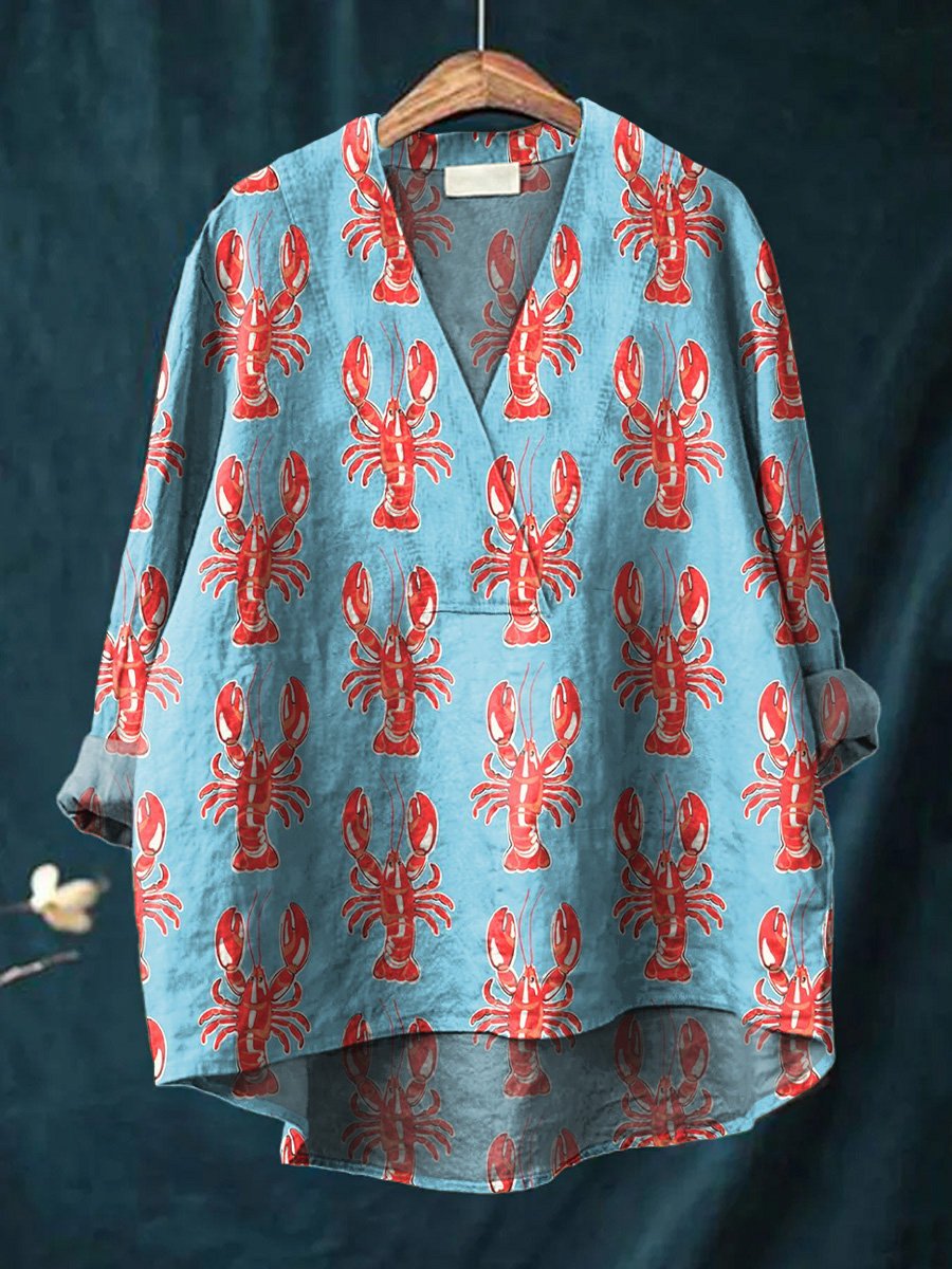 Lobster Repeat Pattern Printed Women's Casual Cotton And Linen V-neck Shirt