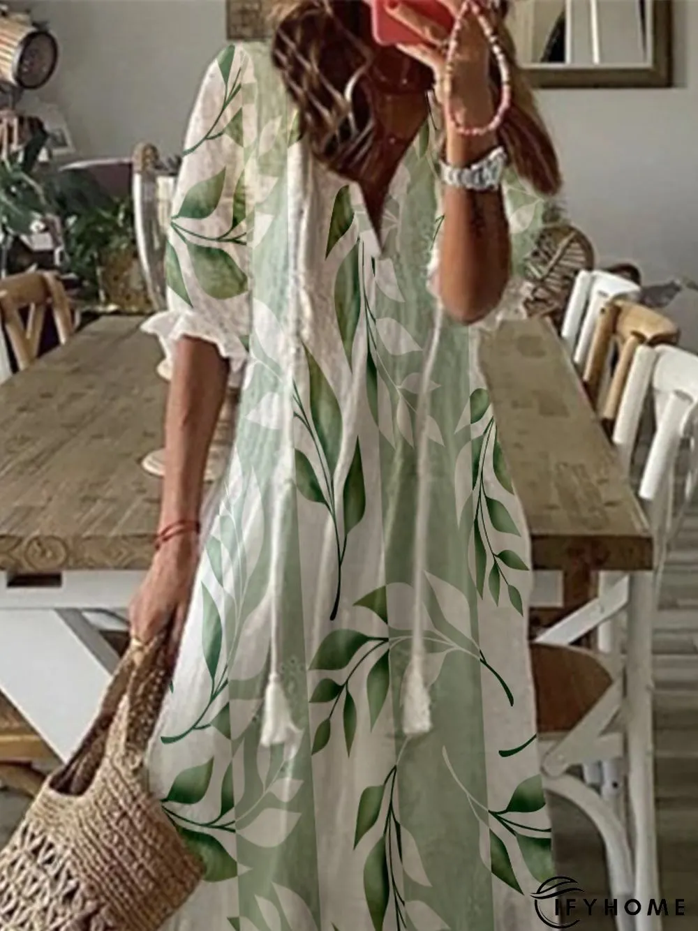 V Neck Leaves Half Sleeve Casual Dress | IFYHOME