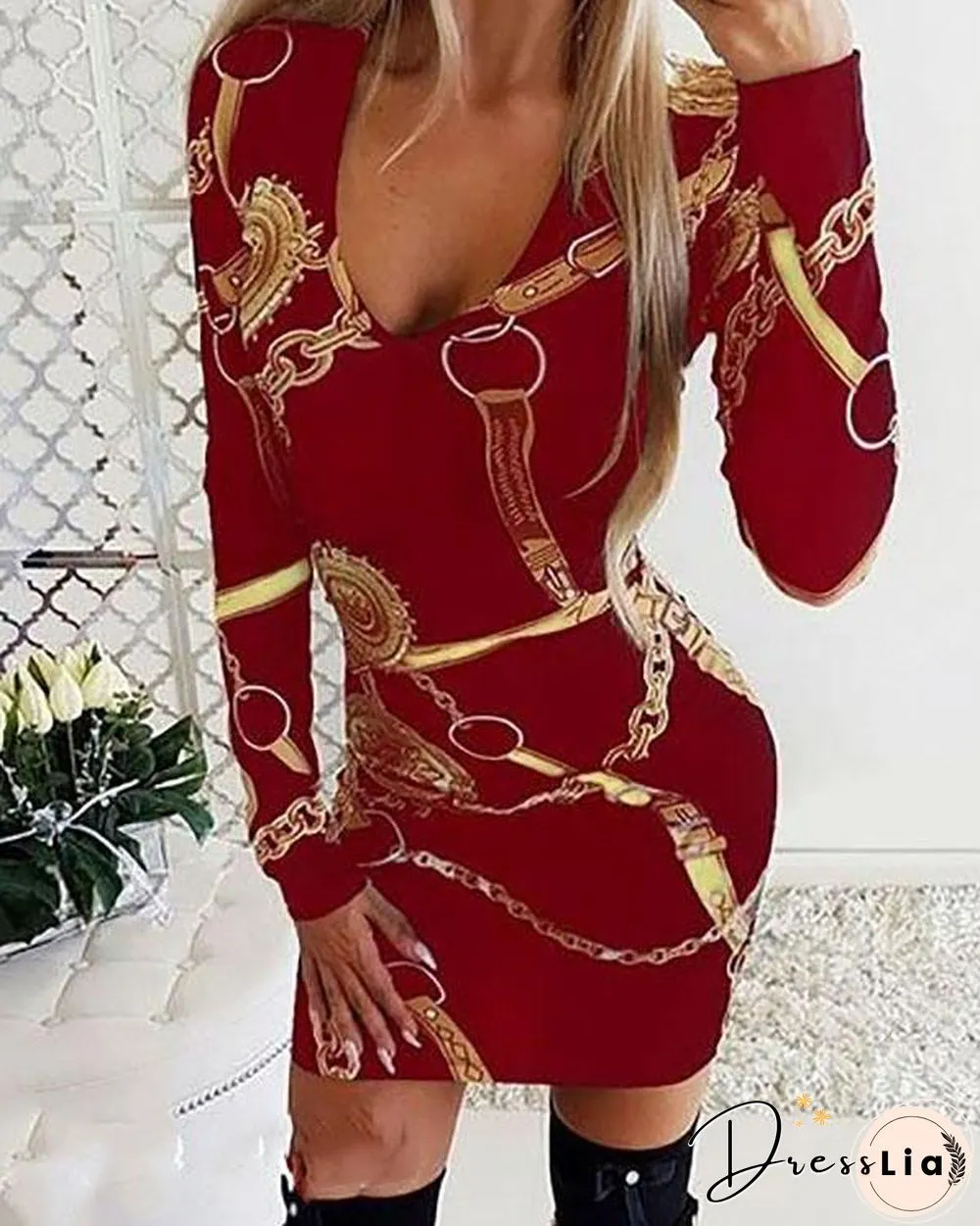 Womens Deep V Neck Dresses Floral Midi Dresses Print Long Sleeve Bodycon Dress