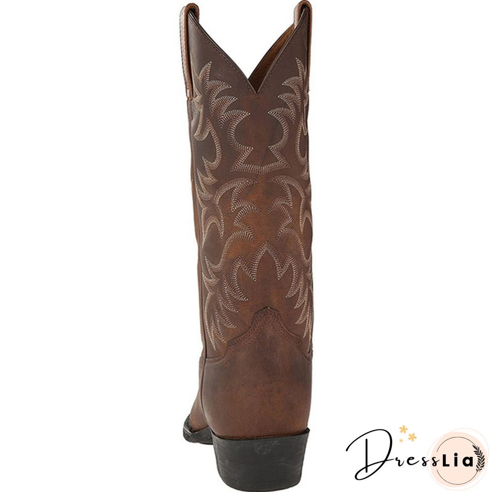Mens Vintage Leather Mid Calf Boots Pointed Toe Western Cowboy Boots Man Retro Knee High Talll Boots Riding Boots Big Size 38-48 Botas