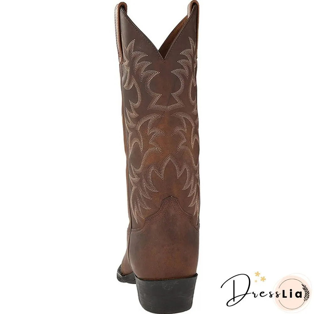 Mens Vintage Leather Mid Calf Boots Pointed Toe Western Cowboy Boots Man Retro Knee High Talll Boots Riding Boots Big Size 38-48 Botas