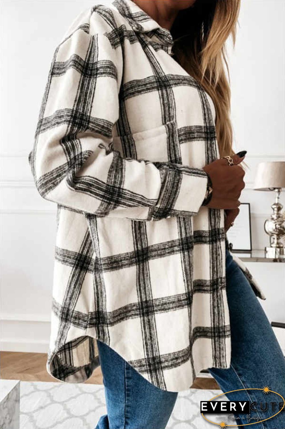 Fashion Casual Plaid Splicing Button Pocket Shirt