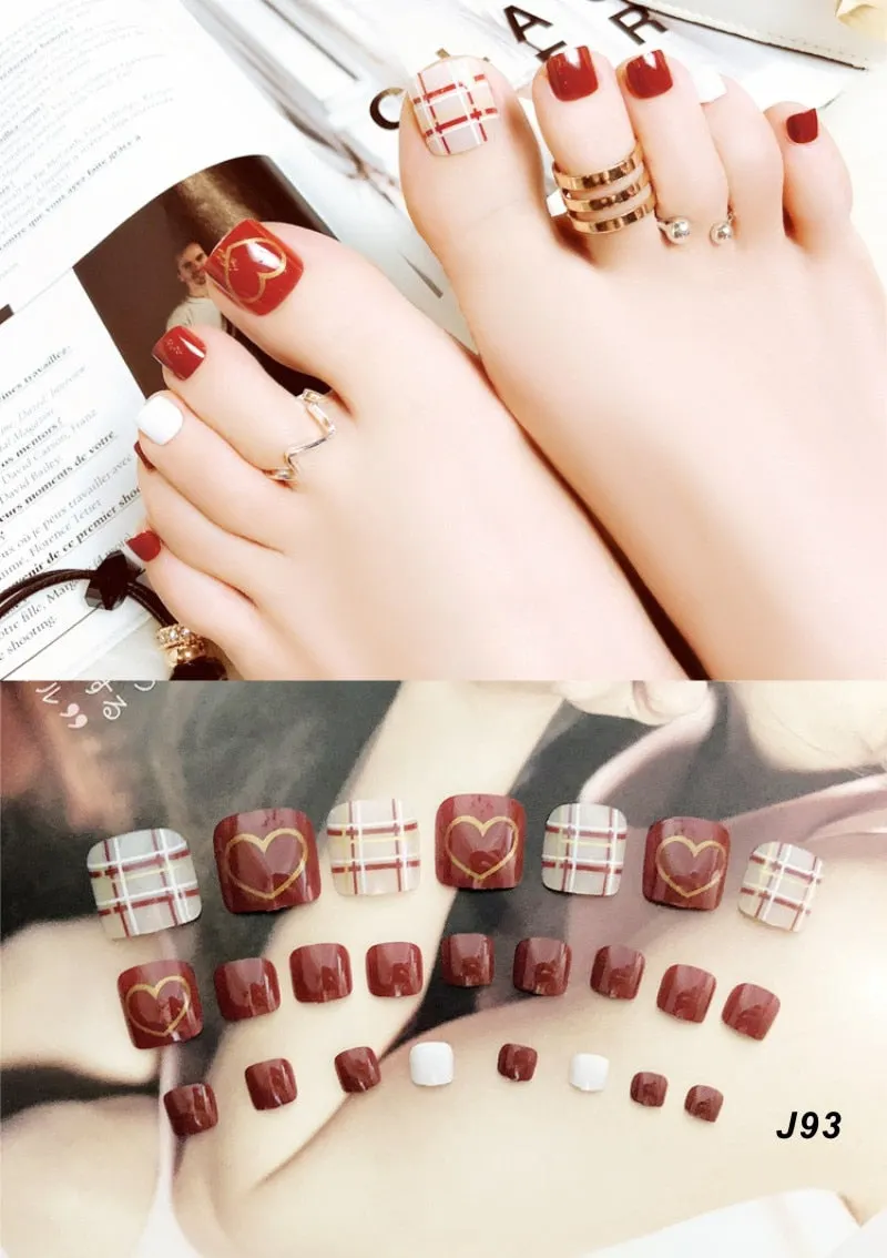 24Pcs Pretty Summer Beach Toes False Nails Rhinestone Pre-design Full Cover Red Foot Artificial Fake Nails with Glue Nail Beauty-Nail Inspo