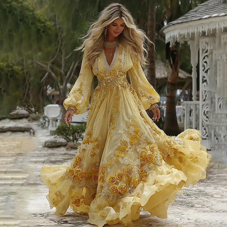 Women's Vintage Yellow Roses And Floral Art Print V-neck Long Sleeve Maxi Dress