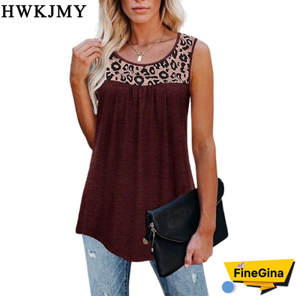 Summer Womens Fashion Casual O Neck Sleeveless Tops Leopard Printed Patchwork Camisole Loose Pleated Tank Tops Ladies Blouses