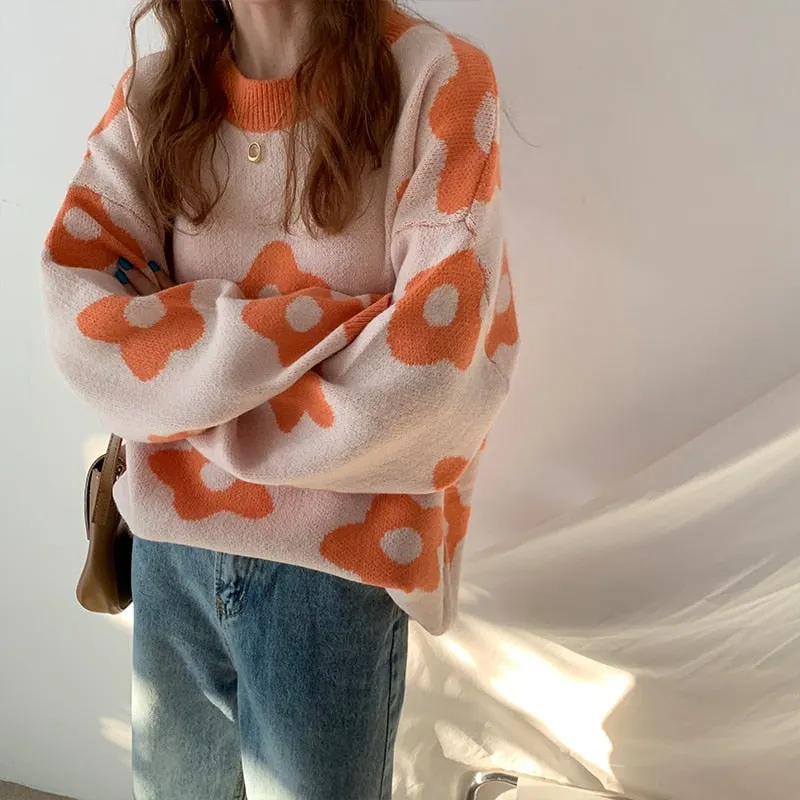 Women Knitted Sweater Winter Flower Pullovers Ladies Oversized Sweaters Vintage Loose Tops Female Korean Pull Femme 2021