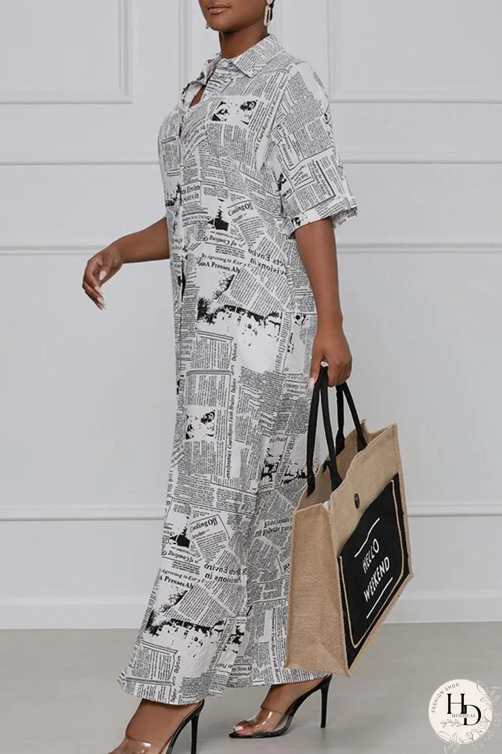 White Casual Print Split Joint Turndown Collar Shirt Dress Dresses