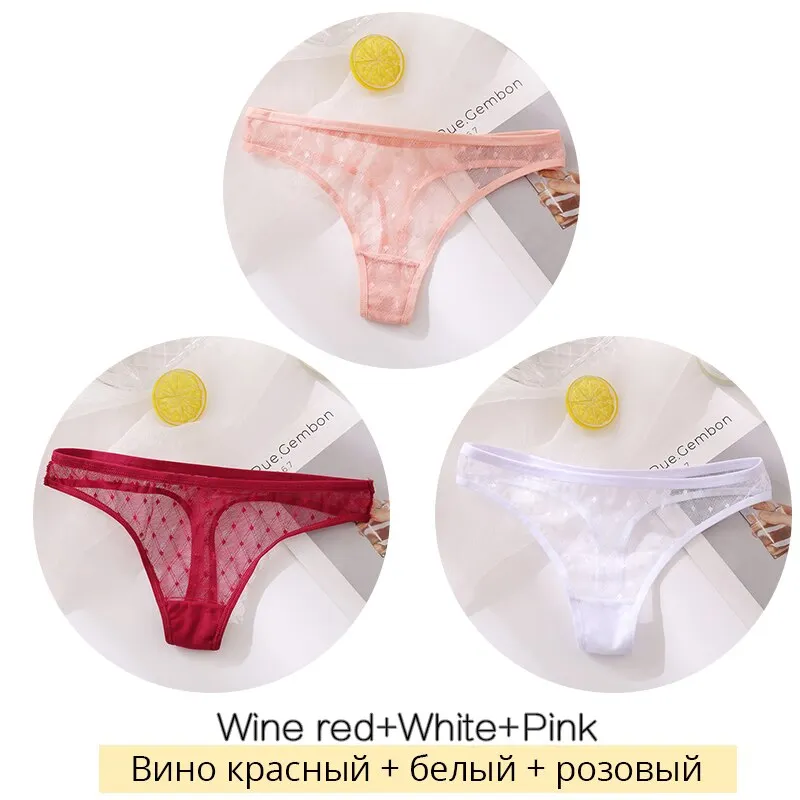Billionm Lace Thongs Women 3Pcs/Set Transparent G-string Panties Dots Lace T-back Underwear Fashion Female Underpants M-XL