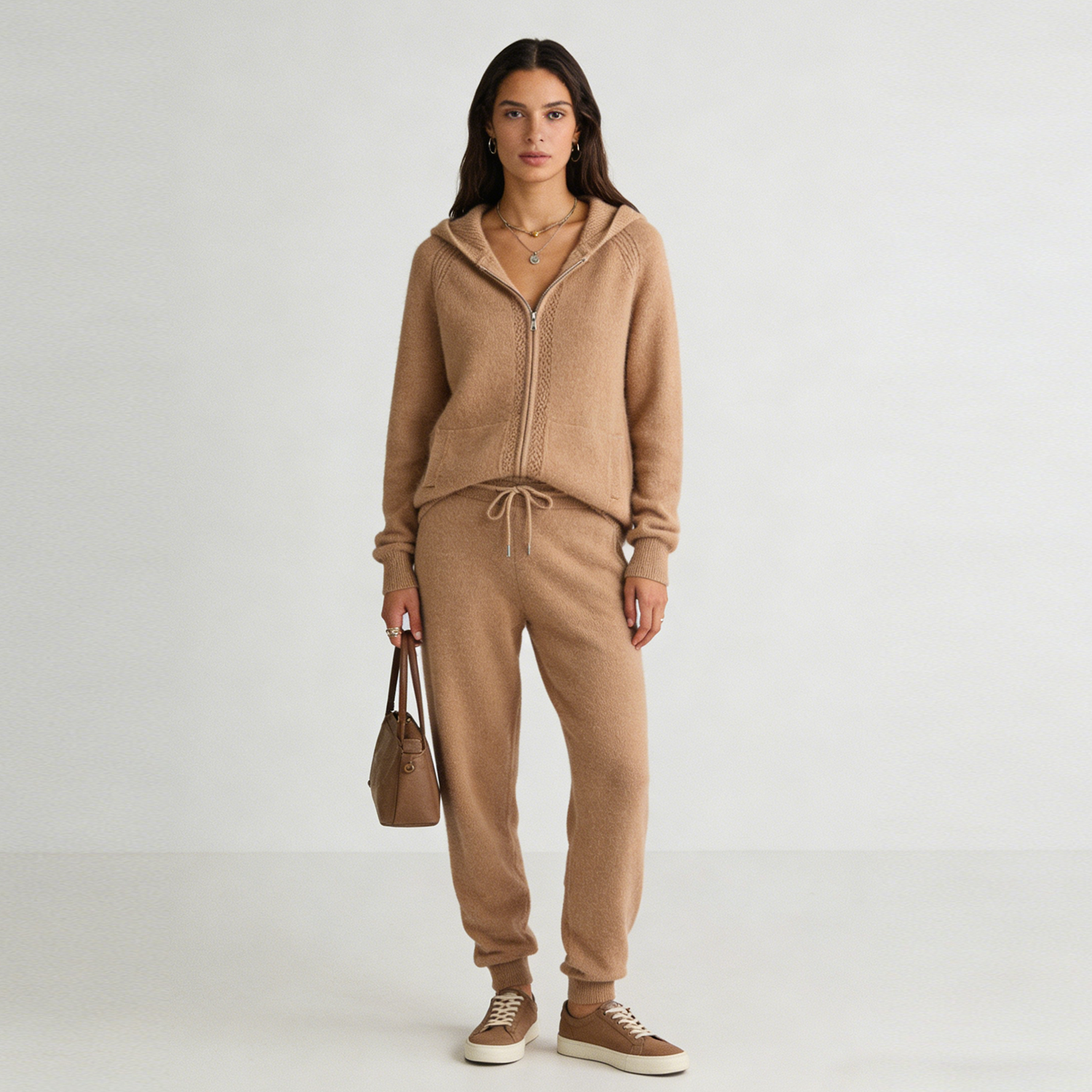 Cashmere Shirt Jacket and Pants Set Hooded Thickened Zipper Loose REAL SILK LIFE