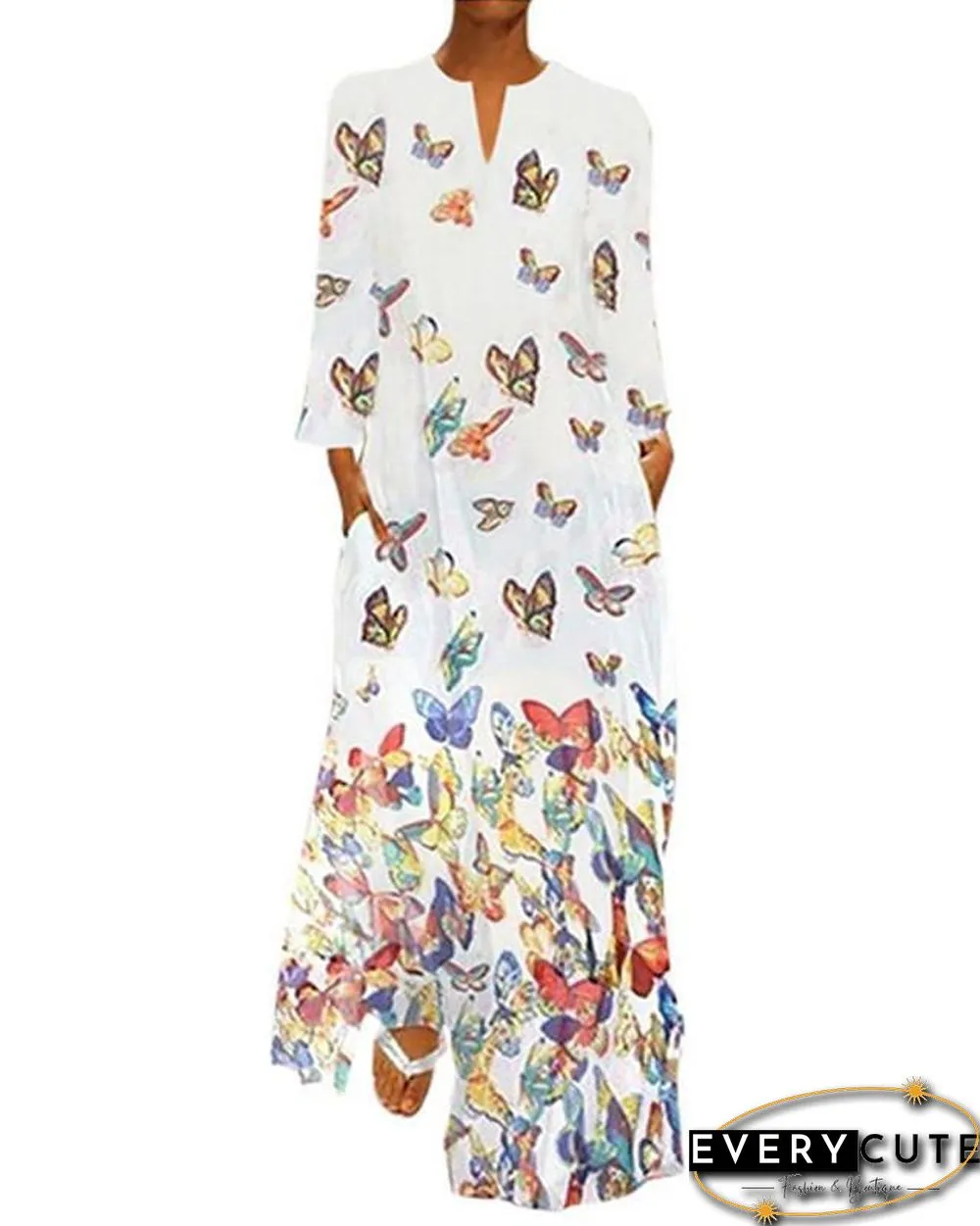 Women's Shift Dress Maxi long Dress - Long Sleeve Butterfly Spring Fall Hot Loose White Yellow Blushing Pink Light Blue S M L XL XXL 3XL 4XL 5XL