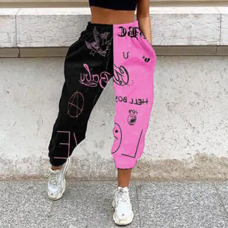Women Casual Skull Print Patchwork Pants Spring Autumn Elastic Waist Pocket Loose Pencil Pants Female Streetwear Warm Sweatpants