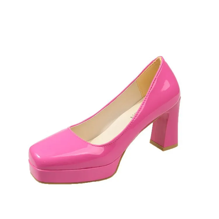 Churchf Churchf Size Square Head High Heels Fashion Waterproof Platform Women's Fashion Cover Foot Bright Skin Thick Heel Work Single Shoes