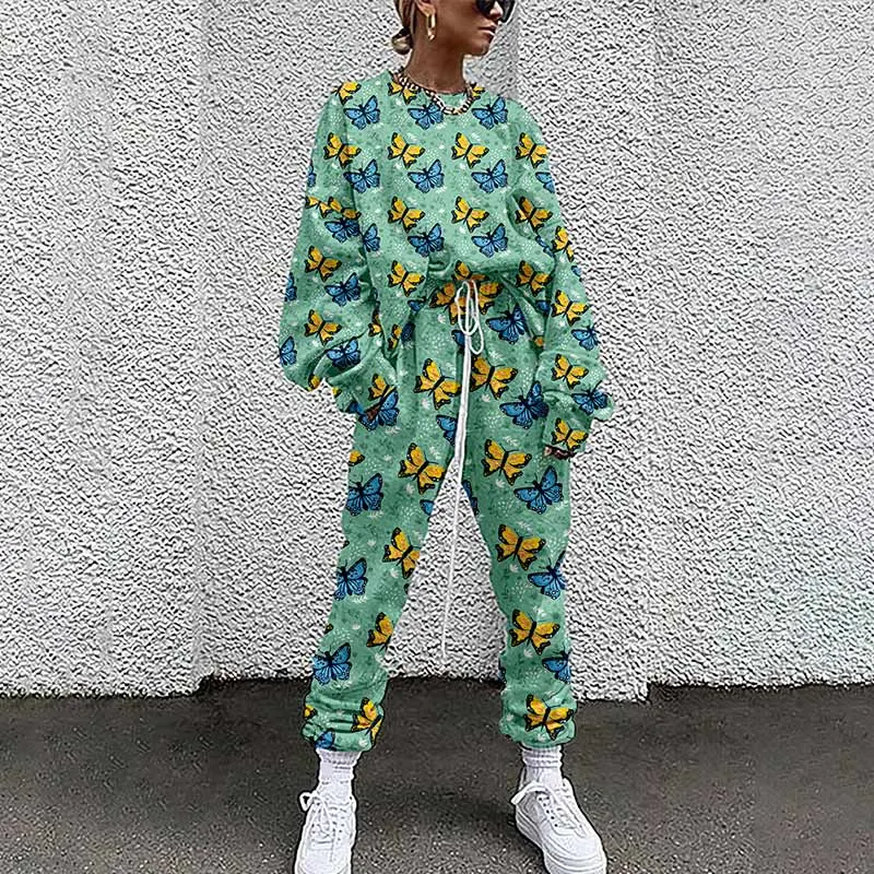 Women Tracksuit Two Piece Pullovers Cloting Long Sleeve Tie-dye Print Female Tops And Elastic Waist Pants Slim Casual Streetwear
