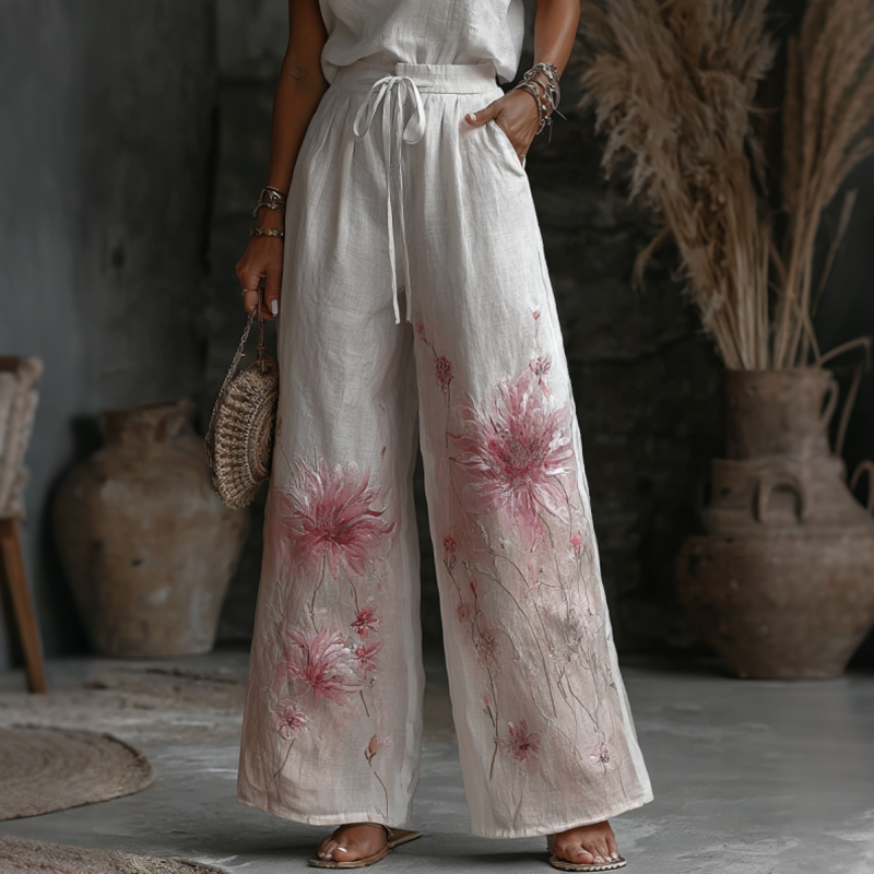 Japanese Floral Art Embroidered Pattern Casual Linen Pants elevenforest
