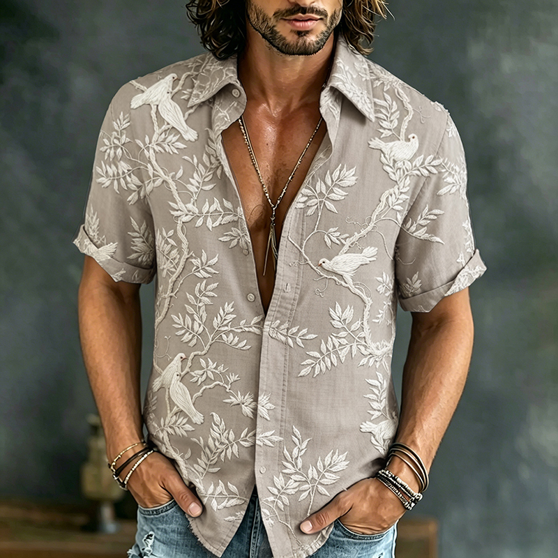 Comstylish Vintage Japanese Floral And Birds Art Pattern Button Shirt