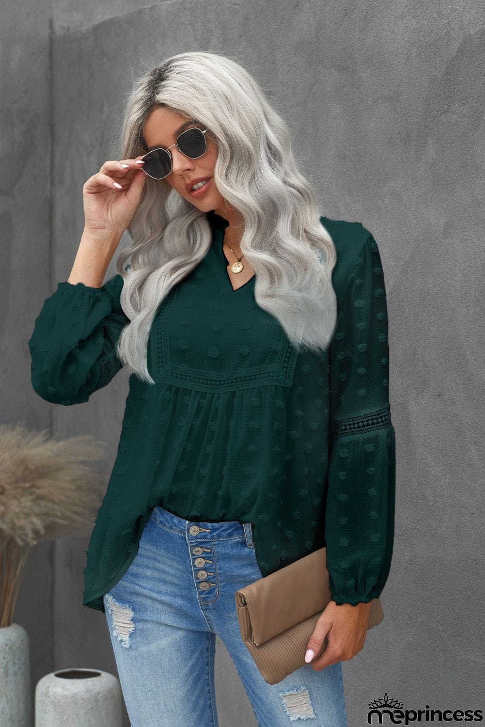 Ruffled Split Neck Lace Hollow Out Puff Sleeve Polka Dot Blouse