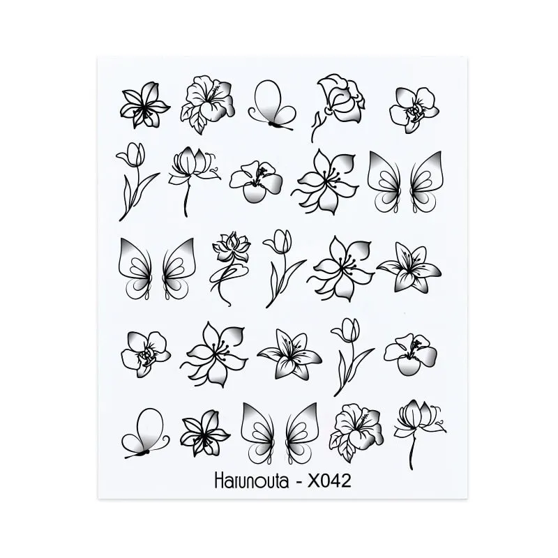 Harunouta Water Decals Ink Blooming Flower Leaves Transfer Nail Stickers Butterfly Love Heart Design Slider Watermark Decoration-Nail Inspo