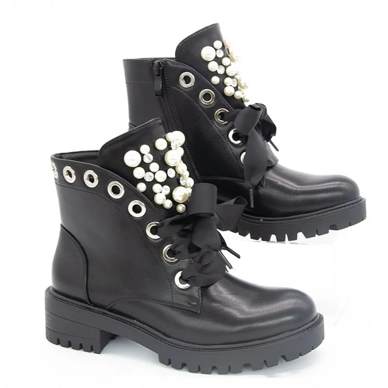 Women Short Boots 2022 Ladies Leather Ankle Boots Autumn Platform Motorcycle Shoes For Woman's Punk 36-42 Winter Pearl Rivet Sho