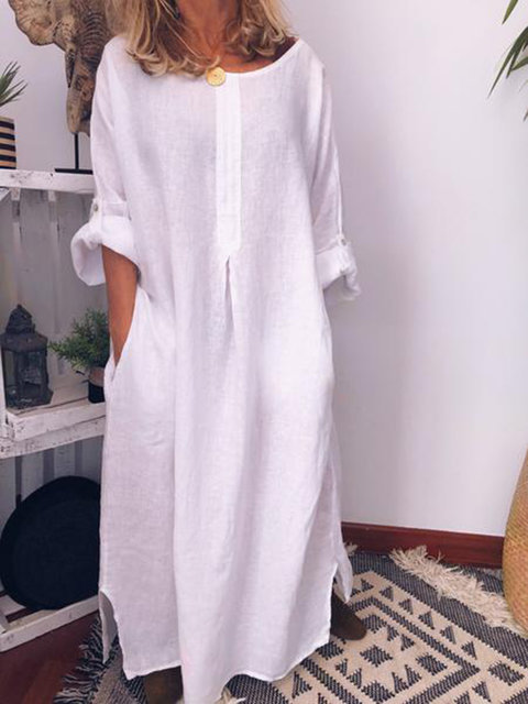 Casual Cotton Side Pockets Beach Boho Maxi Dress