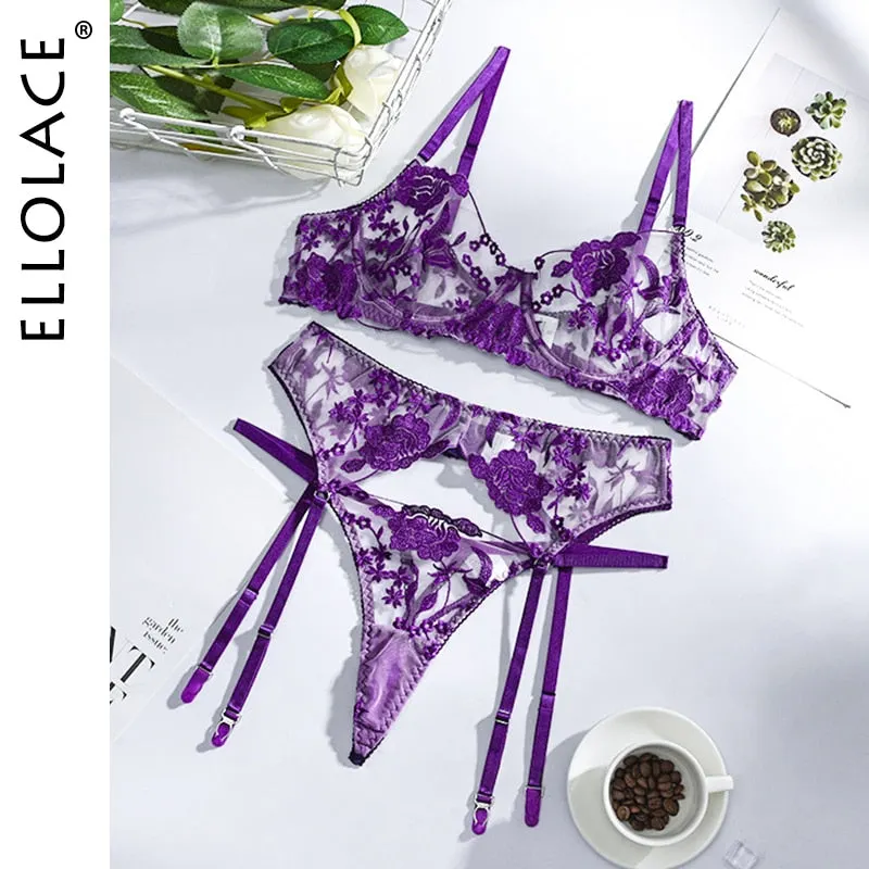 Ellolace Neon Floral Lingerie 3 Piece Set Transparent Underwear Women Push up Bra With Bone Erotic Lingerie Sensual Lingerie Set