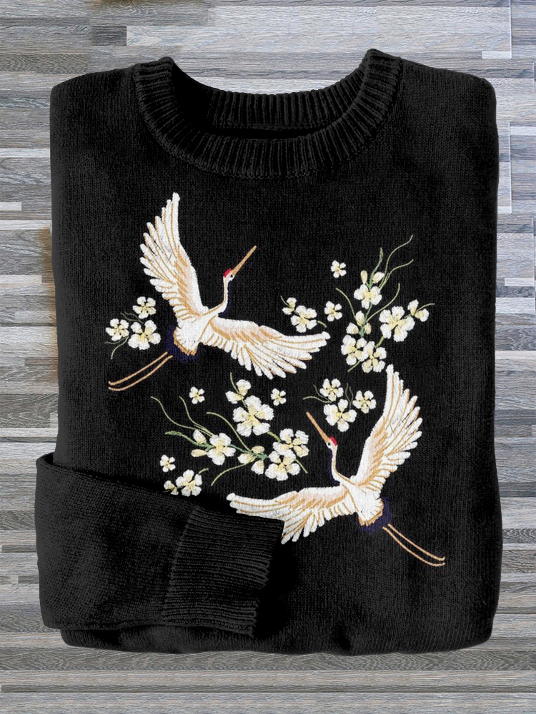 Japanese Flowesr & Cranes Embroidery Art Cozy Sweater