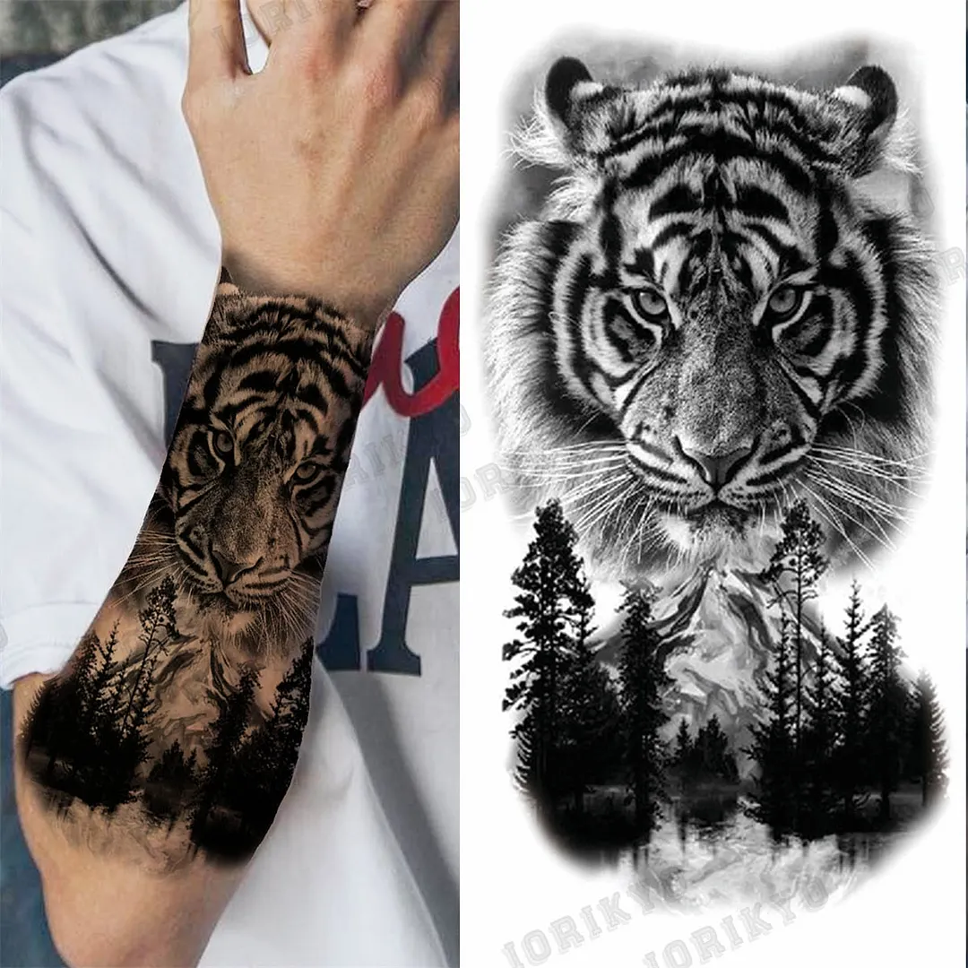 Black Lion Wolf Temporary Tattoos For Men Adult Forest Rose Compass Warrior Fake Tattoo Washable Body Art Painting Tatoo Sticker