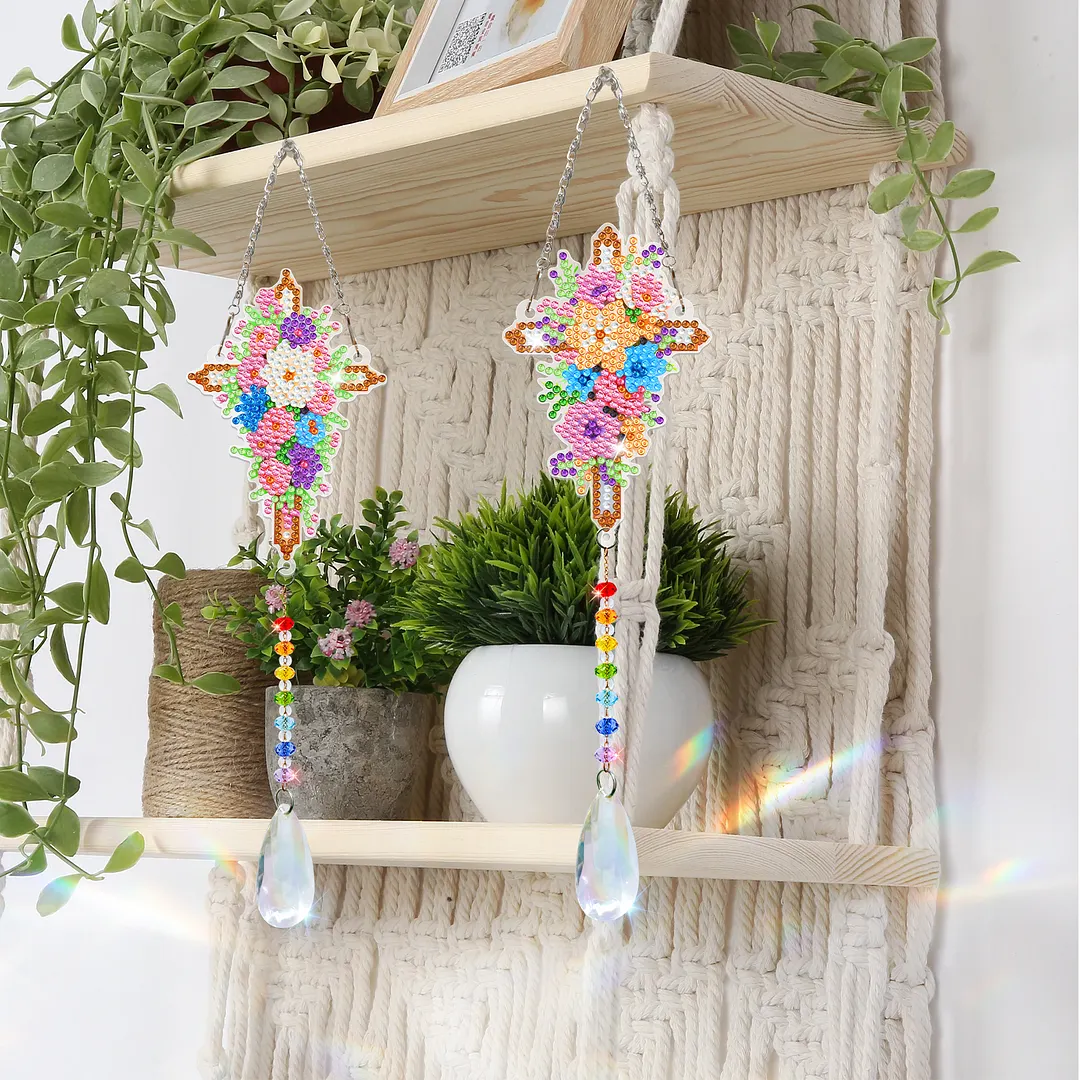 2Pcs Flower Cross DIY Acrylic Diamond Painting Art Wind Chimes with Crystal Pendant Diamond Art Hanging Pendant Double-Sided for Adults Beginners Gift Home Garden Decor