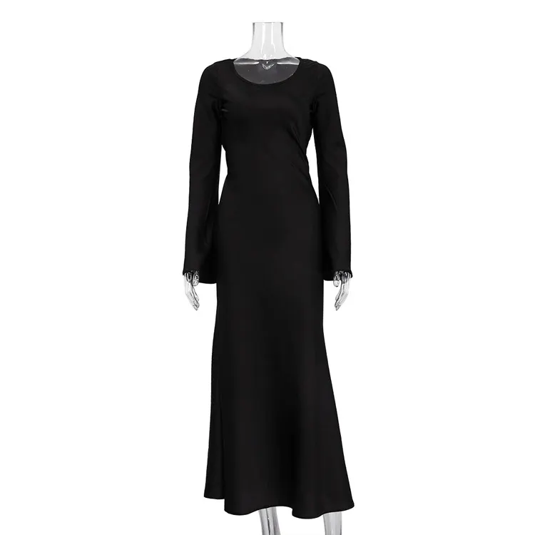 Churchf Churchf New Black Strap Slim Satin Dress Fall Women's Horn Sleeves Wrapped Hip Dress