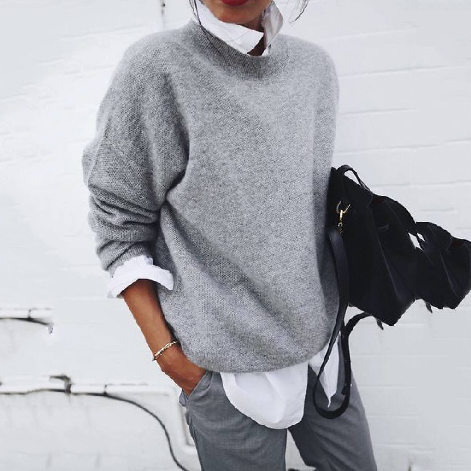 Shirt Collar Long Sleeve Fake Two Piece Sweater