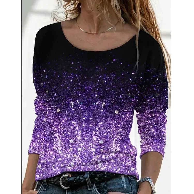 Brownm Long Digital Printing Sleeve Loose Neck Casual Pullover Print T-shirt