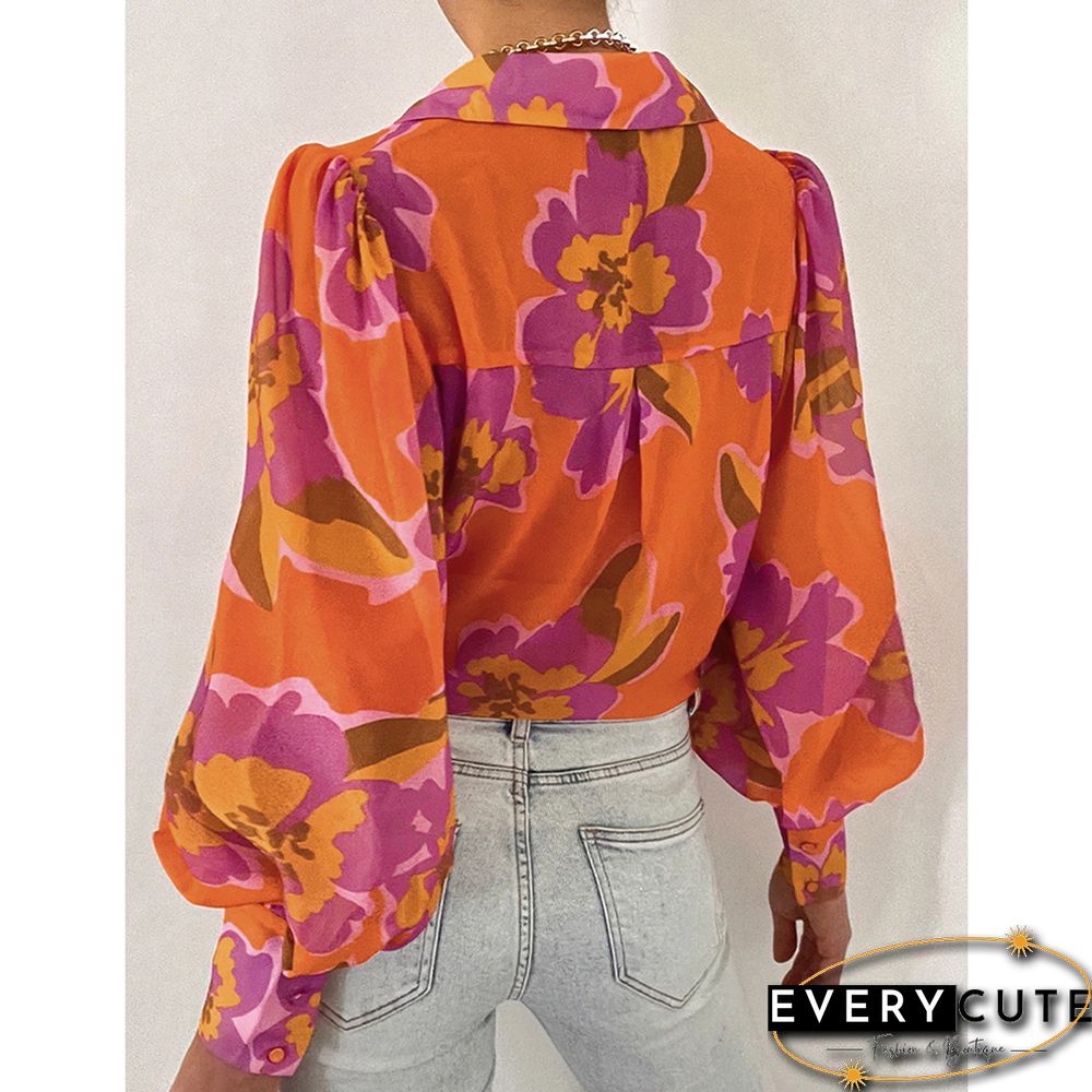 Orange Floral Chiffon Lantern Long Sleeve Blouse