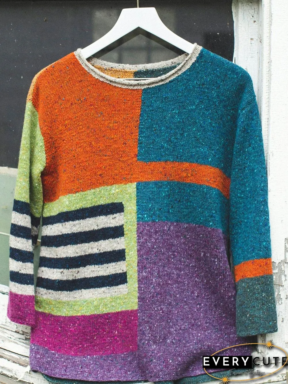Geometric Casual Spring Polyester Mid-weight Daily Casual Long sleeve Loose Sweater for Women