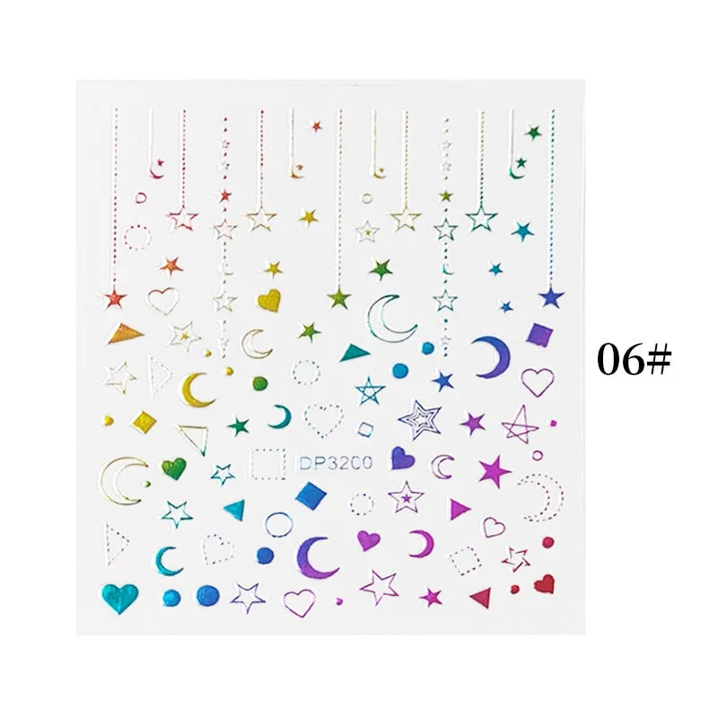 English Letter Design 3D Nail Stickers Iridescent Geometrics Gold Stars Moon Transfer Nail Art Sliders Decoration Accessories