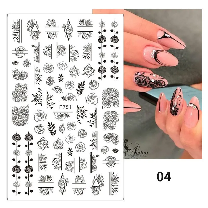 Maple Leaves 3D Nail Sticker Gold Black iridescent Leaf Tree Geometrics Lines Adhesive Transfer Sticker DIY Nail Decoration
