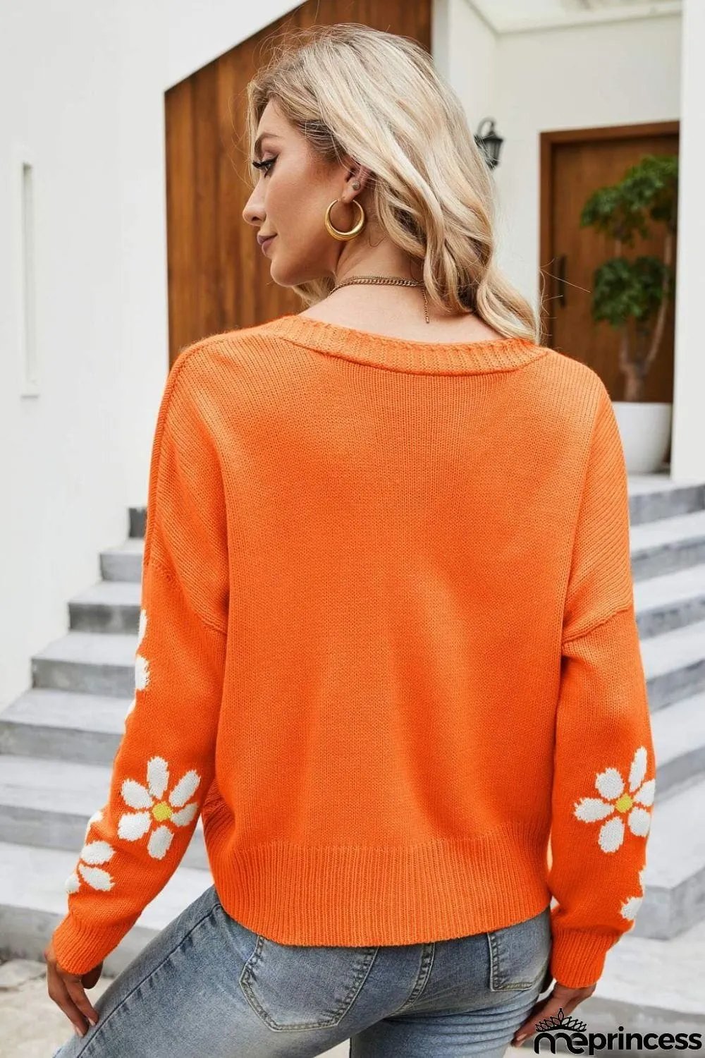 Floral Ribbed Trim Drop Shoulder Cardigan