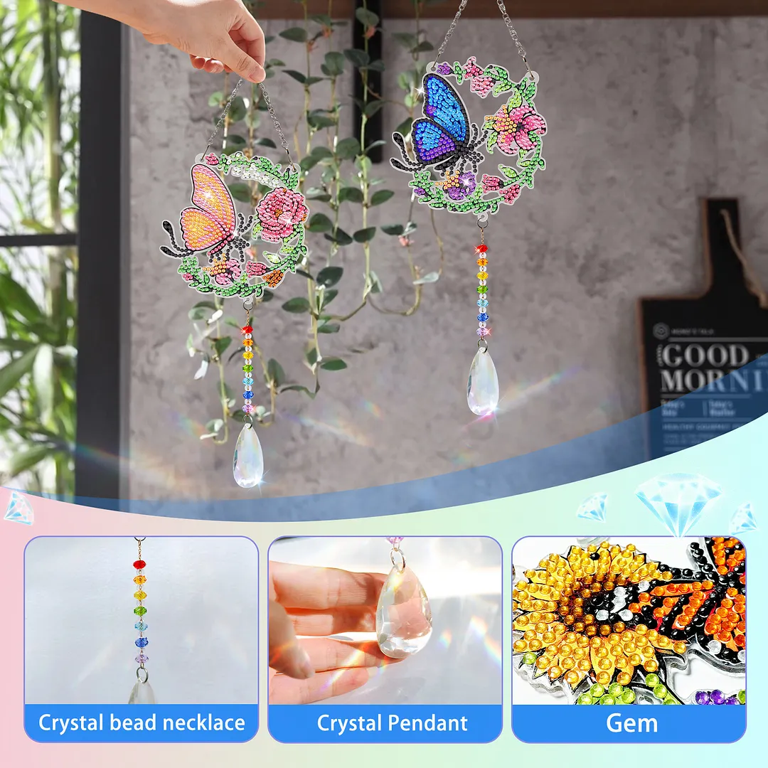 2Pcs Blue and Yellow Butterfly DIY Double-Sided Diamond Painting Hanging Kits Diamond Painting Suncatcher Craft Kit for Home Garden Wall Decor Gift
