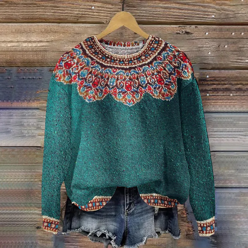 Retro Colorful Lotus Pattern Jacquard Crew Neck Sweater