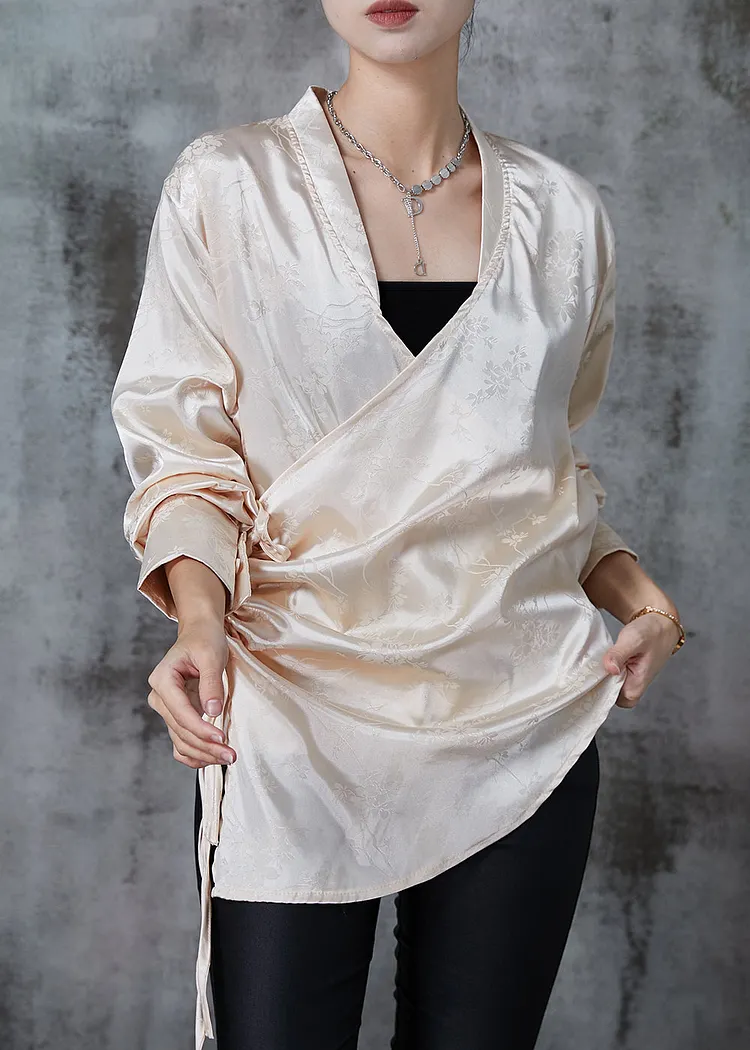 Chic Champagne Jacquard Asymmetrical Design Silk Shirt Tops Fall