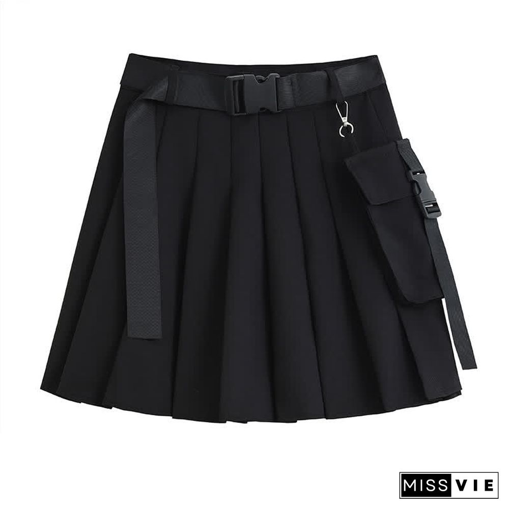 Gothic Off The Shoulder Buckle Strap Zipper Crop Top Belted Pleated Skirt