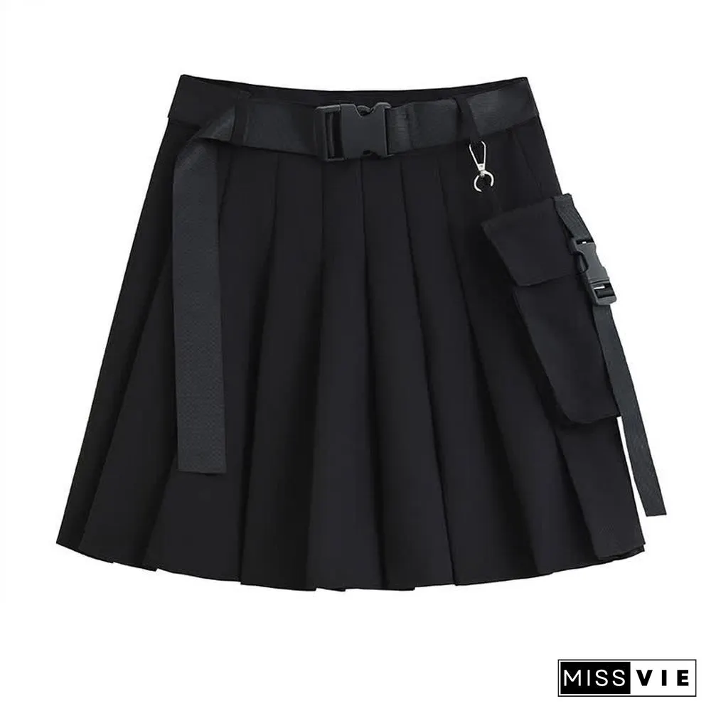 Gothic Off The Shoulder Buckle Strap Zipper Crop Top Belted Pleated Skirt