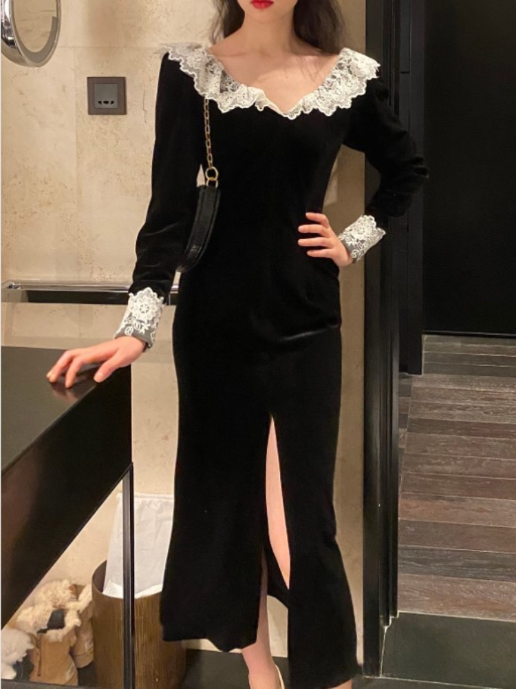 TARUXY Splice Lace Vintage Dresses Women&rsquo;s Black Temperament Slim Dress Lady Side Slit Party Elegant Retro Evening Dress Women