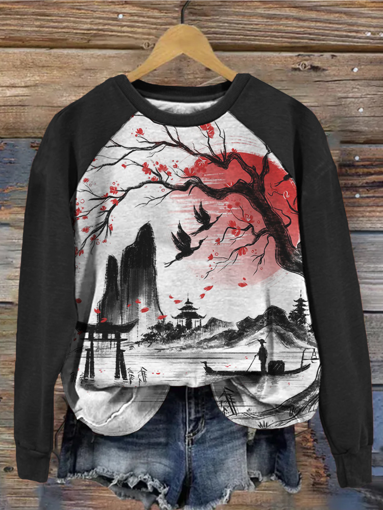 Japanese landscape Painting Art Contrast Sweatshirt elevenforest
